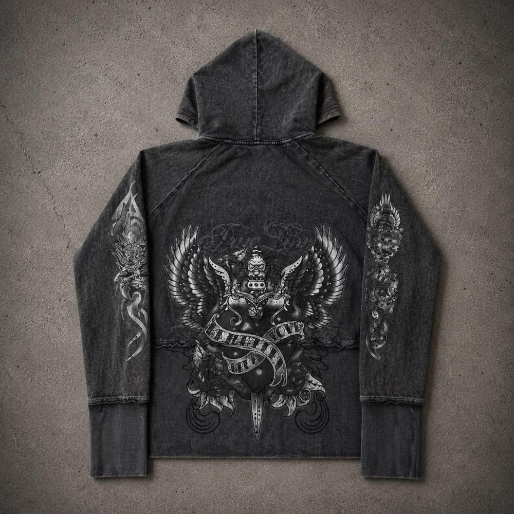 Y2K XL Rhinestone Skull Zip Up Hoodie Acid Wash Cyber Grunge Affliction ED HARDY